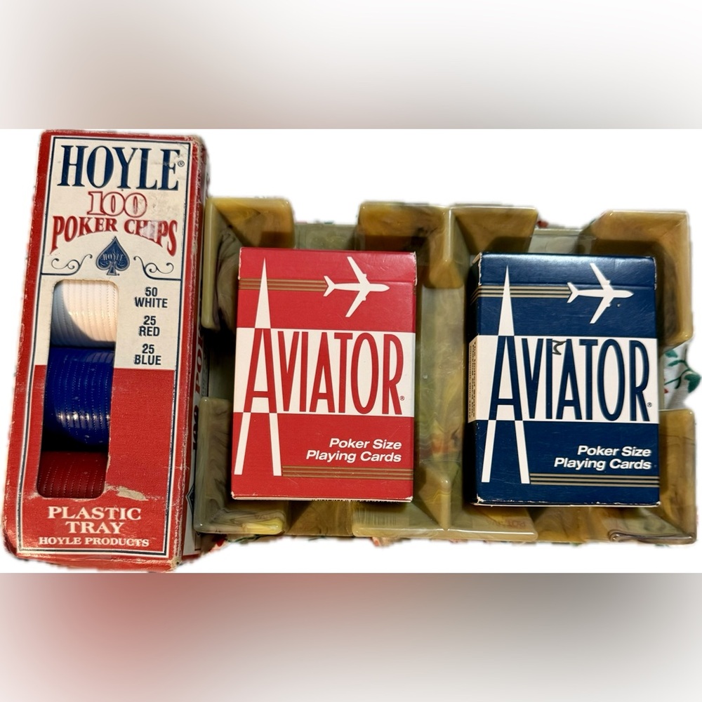 Vintage Aviator 914 Poker Size Playing Cards 2 Decks Red/Blue Hoyle Poker Chips